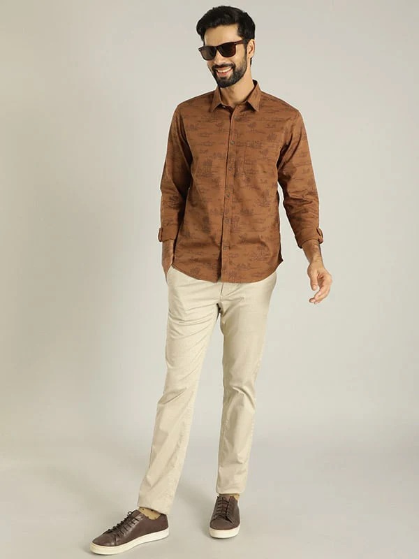 Indian Terrain Men's Slim Fit Printed Beige Trousers